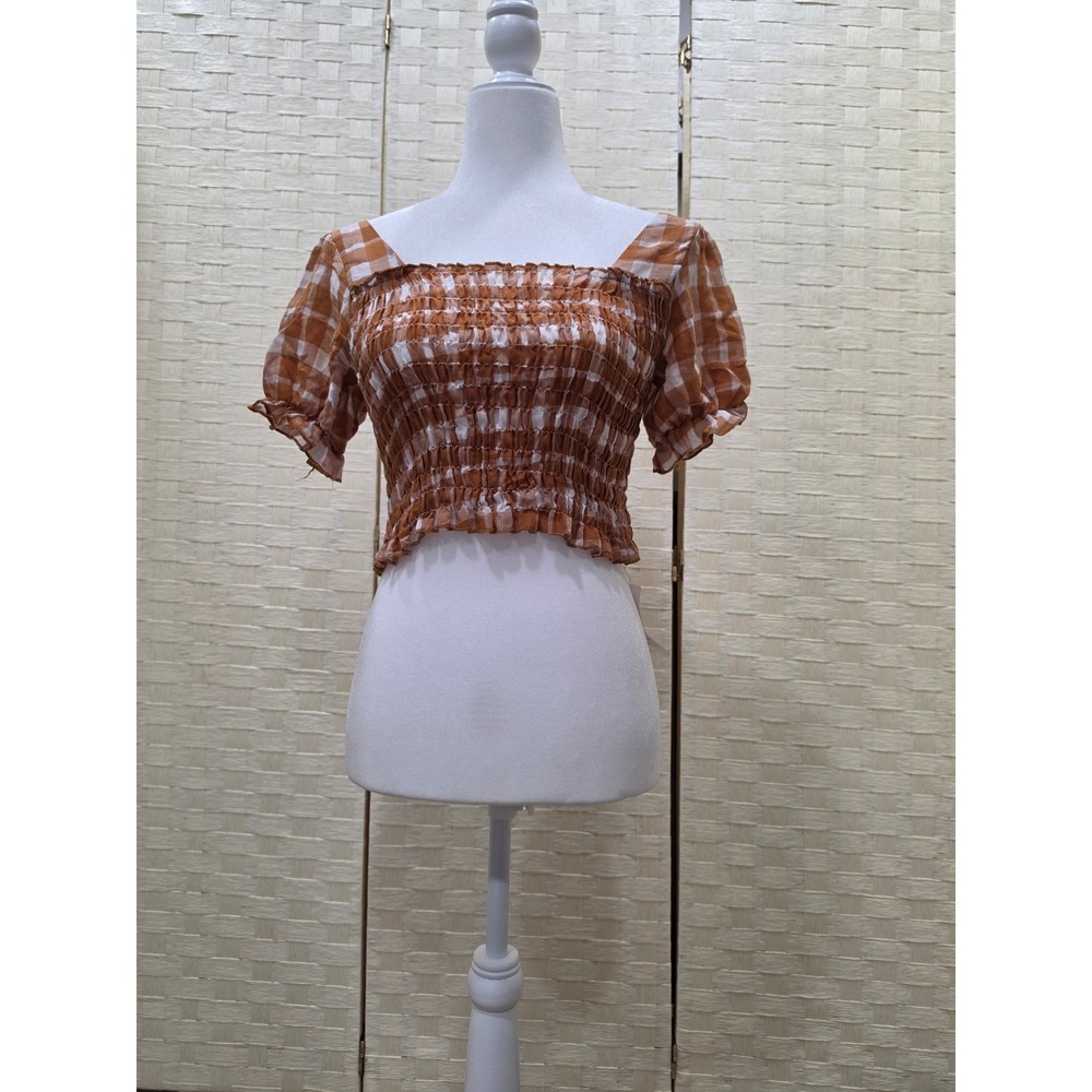 MoFei Orange Gingham Smocked Crop Top Short Puff Sleeve Square Neck Size Medium